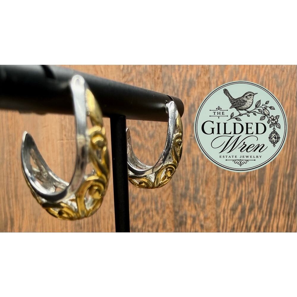 Vintage 925 Sterling Silver Two Tone Filigree J Hoop Post Earrings 4.70g
